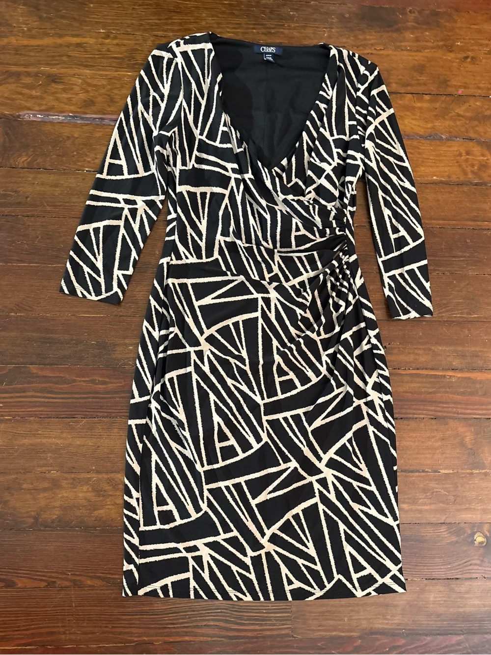 Chaps black white wrap style geometric print dress size S